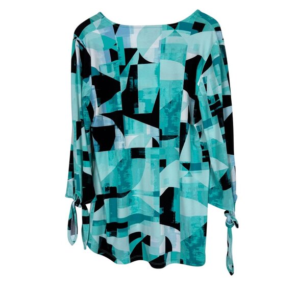 Alfani Abstract Geometric Print Tunic Top Sz Medium Tie Sleeves Artsy Green - Picture 7 of 8
